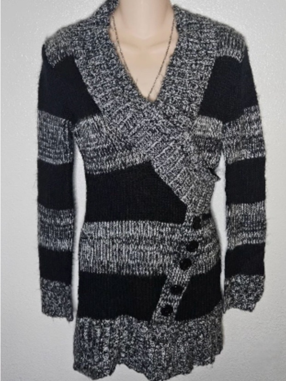 Striped Black and Gray Knit Wrap-Front Mini Dress